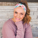 Adult women's eggshell blue headband with blush, hot pink and teal flowers with leaves