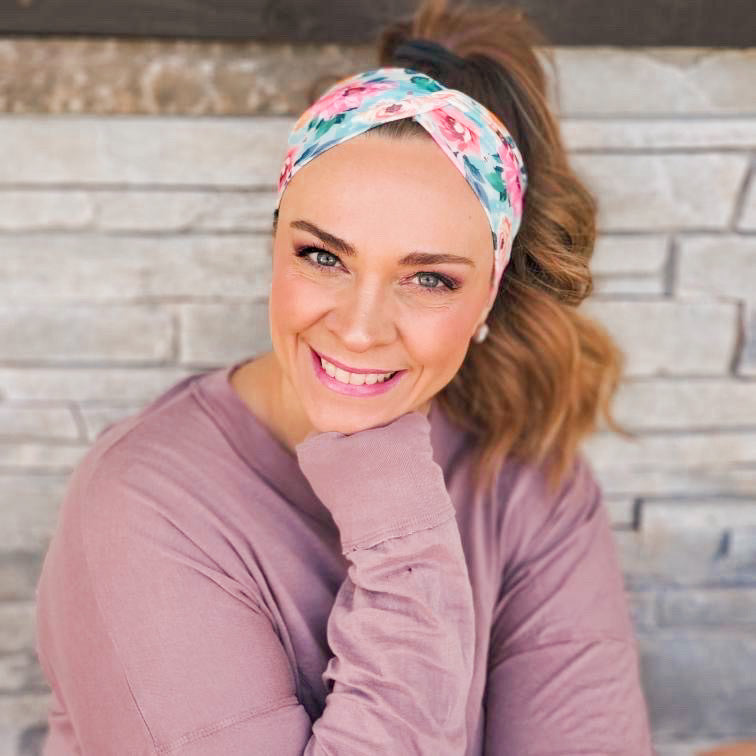 Adult women's eggshell blue headband with blush, hot pink and teal flowers with leaves