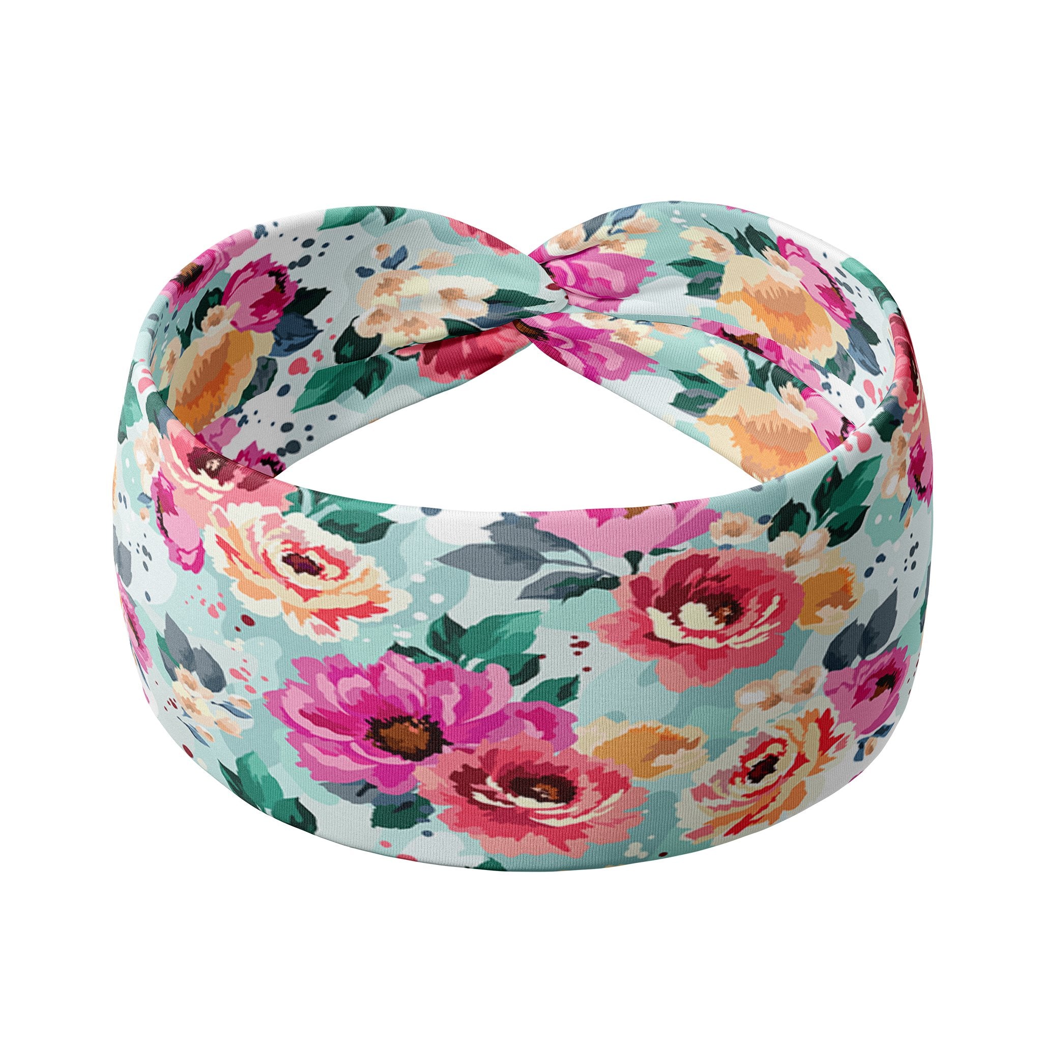 Adult women's eggshell blue headband with blush, hot pink and teal flowers with leaves