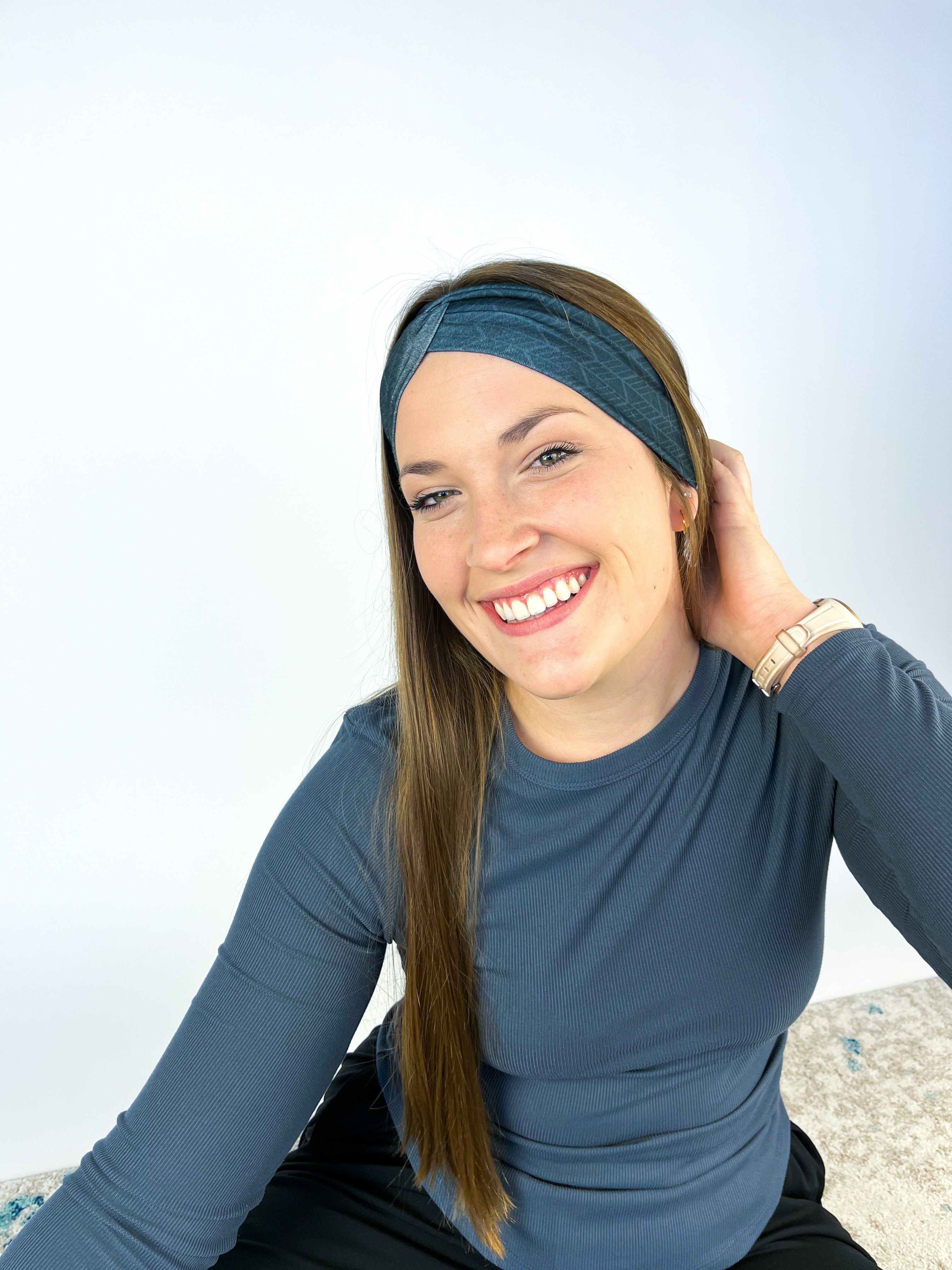 Adult women's onyx headband with off-black lines tribal lines and angles