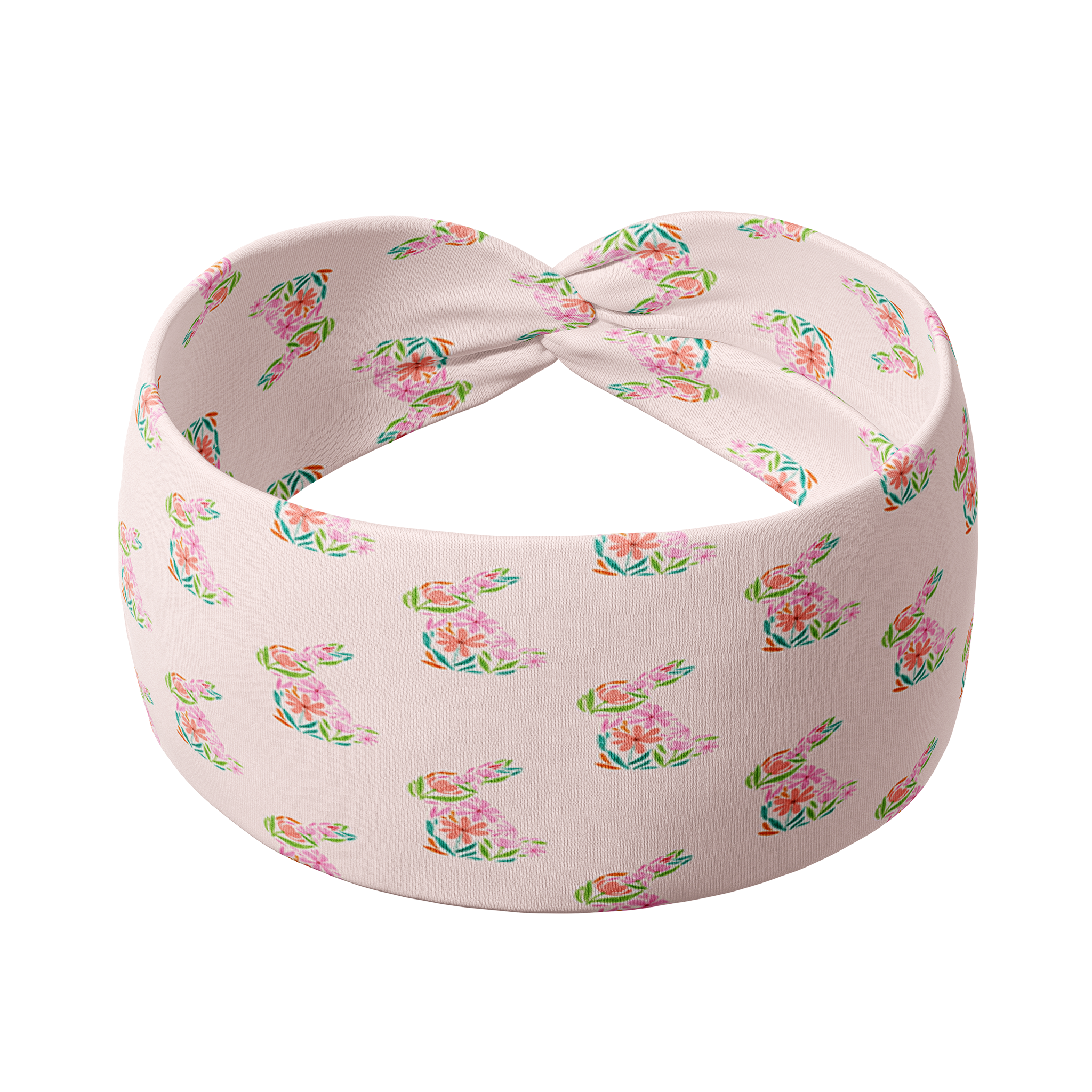 Adult women's blush colored headband with tan, mauve and pink backs of bunnies with white tails and white daisy print