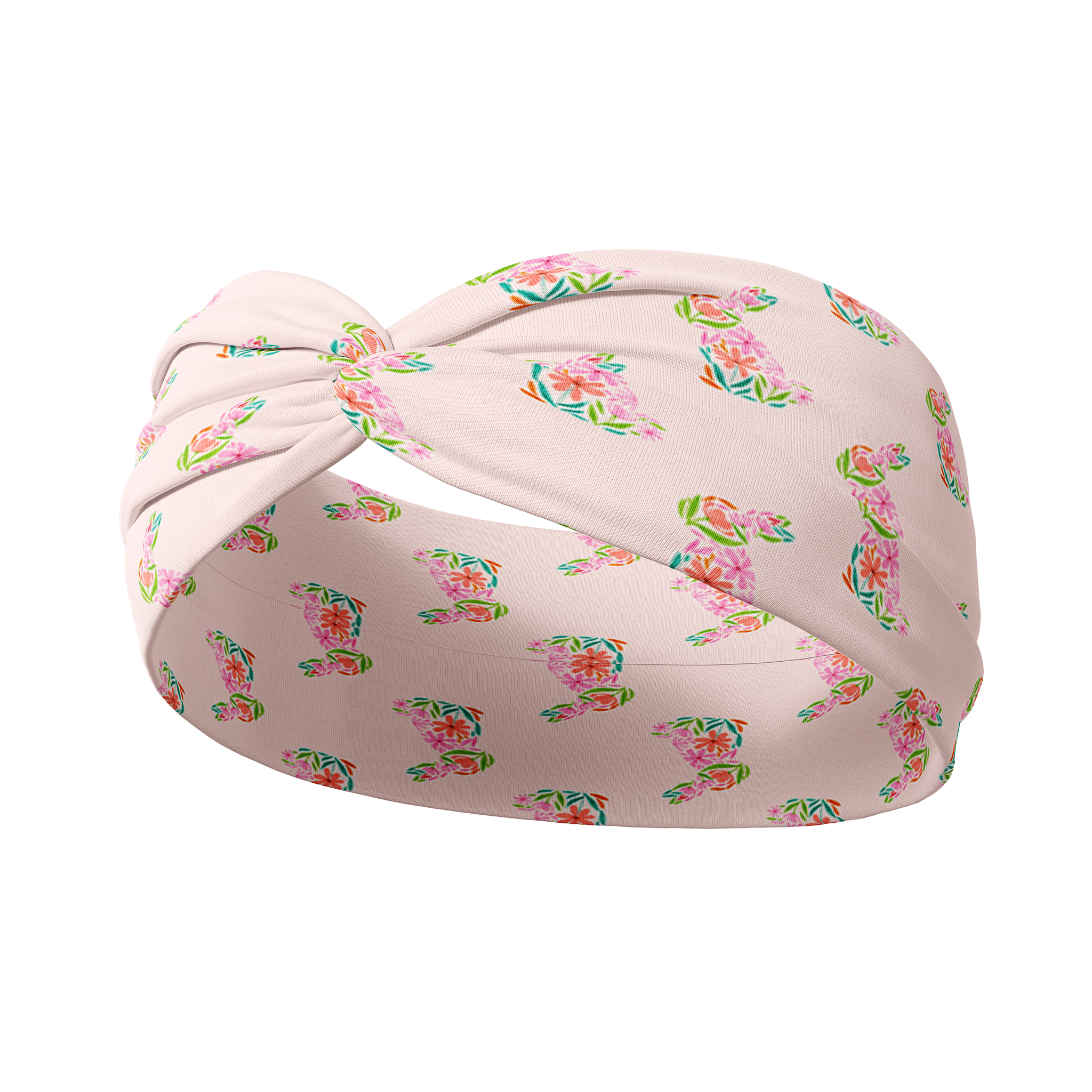 Adult women's blush colored headband with tan, mauve and pink backs of bunnies with white tails and white daisy print