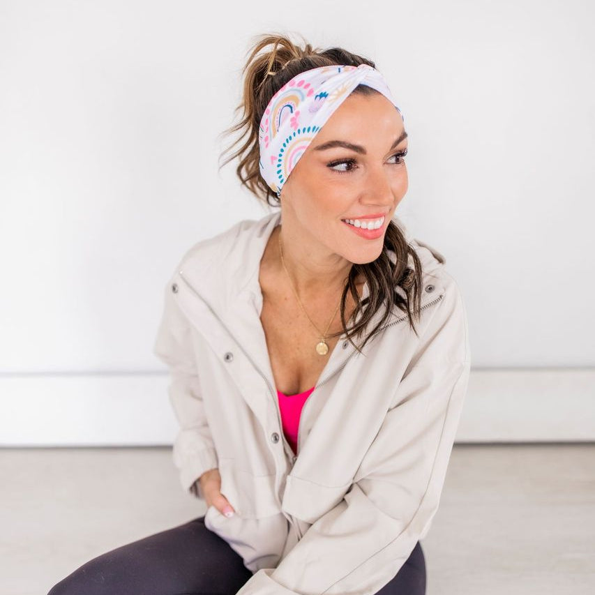 Adult women's white headband with multicolored rainbow and sun print