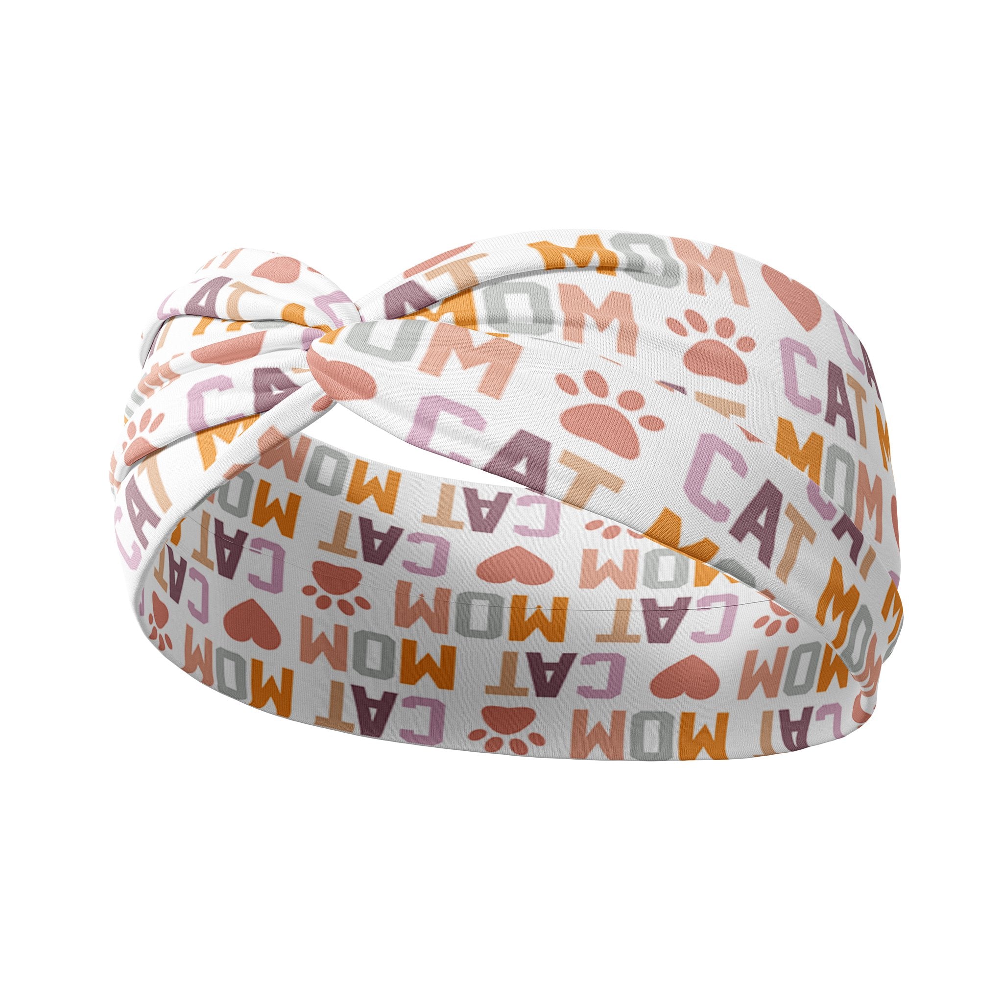 Adult women's white headband with orange, slate, tan, blush and plum pawprints, hearts and words they say "cat mom"