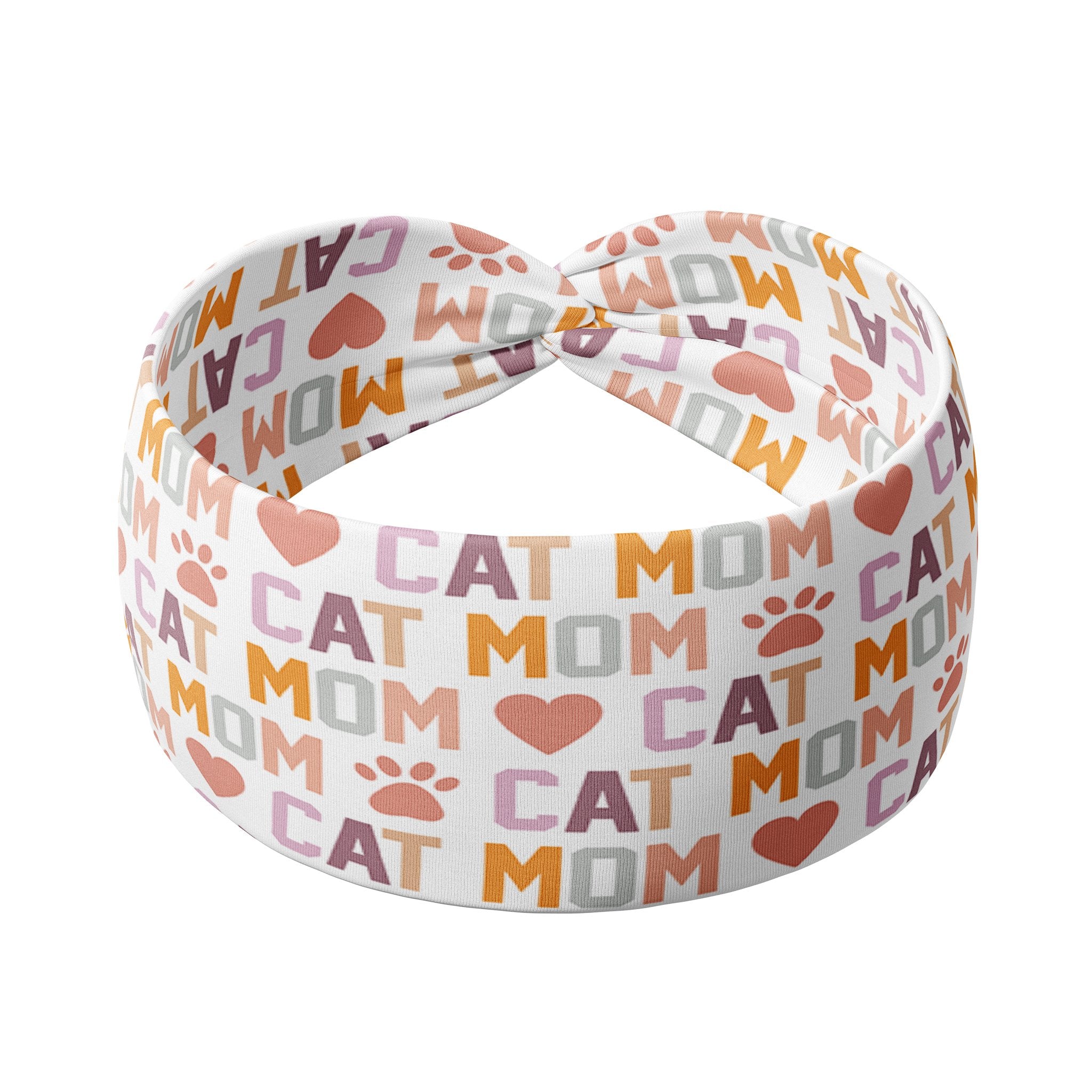 Adult women's white headband with orange, slate, tan, blush and plum pawprints, hearts and words they say "cat mom"