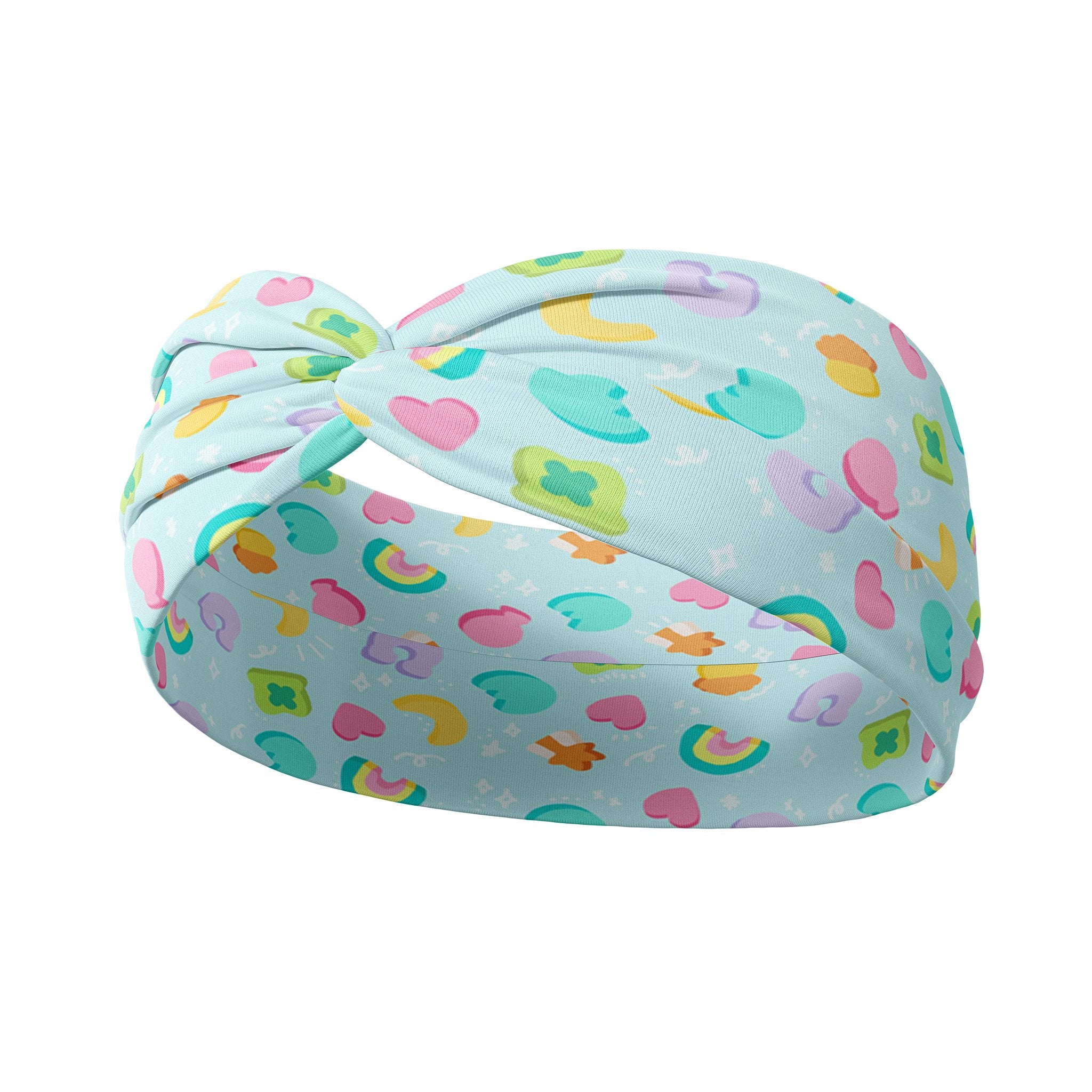 Adult women's soft teal headband with allover marshmallow cereal print