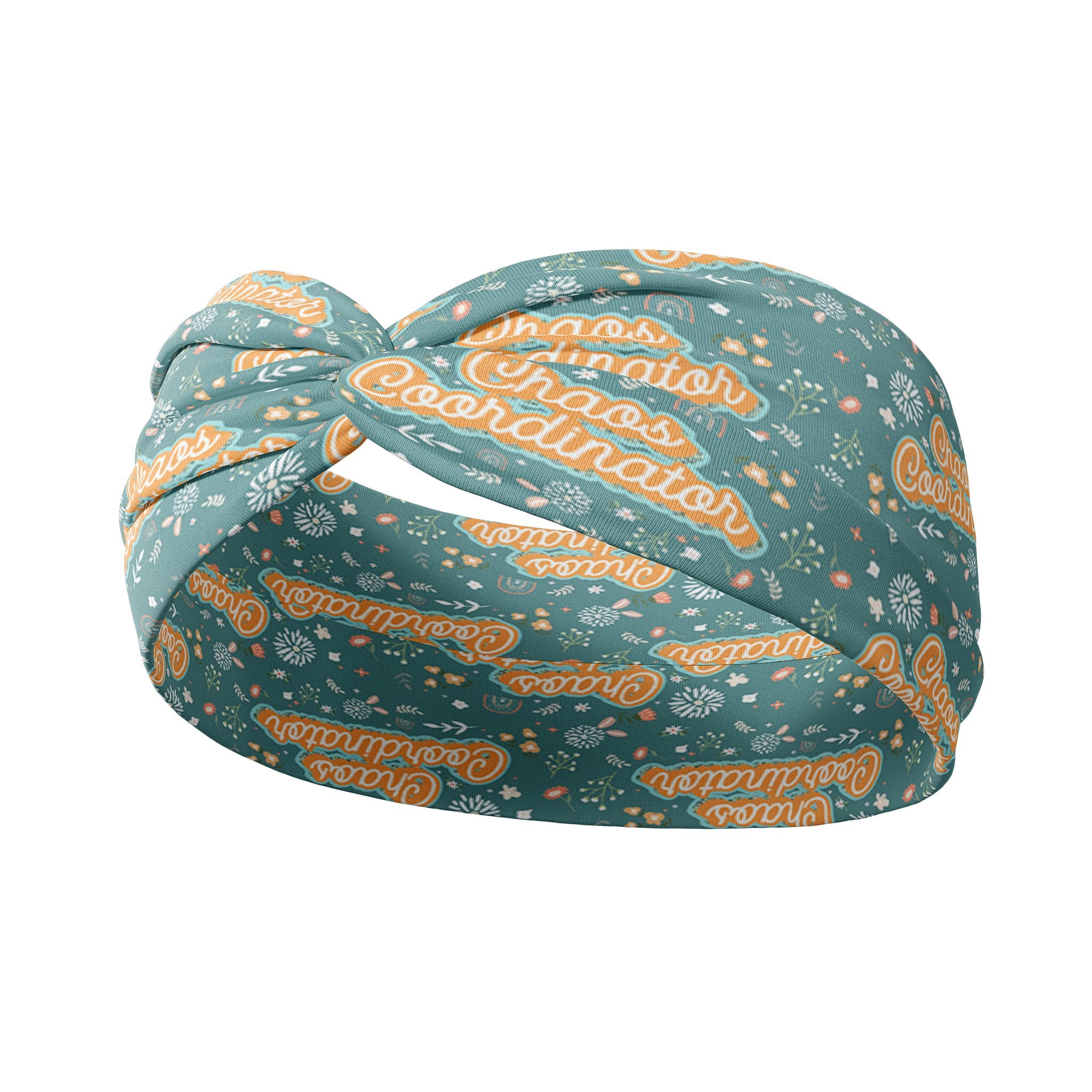 Adult women's blue headband with allover yellow and white confetti print with "chaos coordinator" cursive script