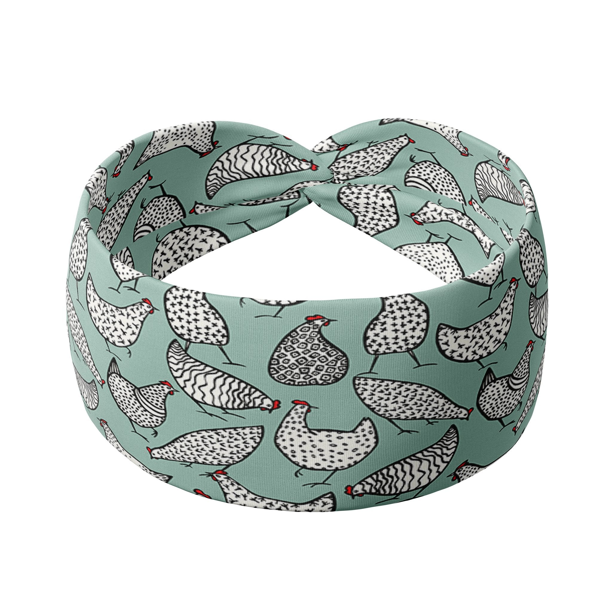 Adult women's light teal headband with allover black and white cartoon chicken print