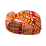 Adult women's red headband with yellow and white 1970's bubble script with the phrase "Chiefs" and an arrowhead
