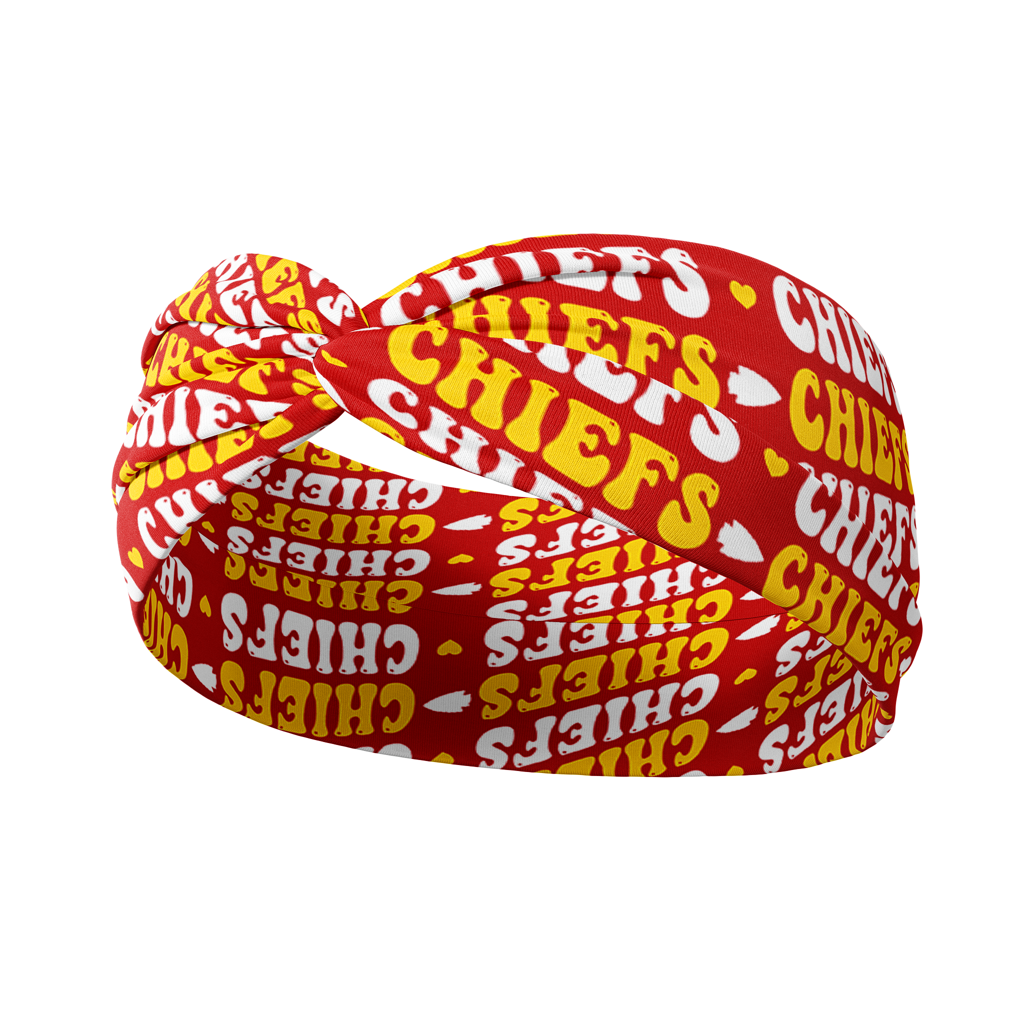 Adult women's red headband with yellow and white 1970's bubble script with the phrase "Chiefs" and an arrowhead
