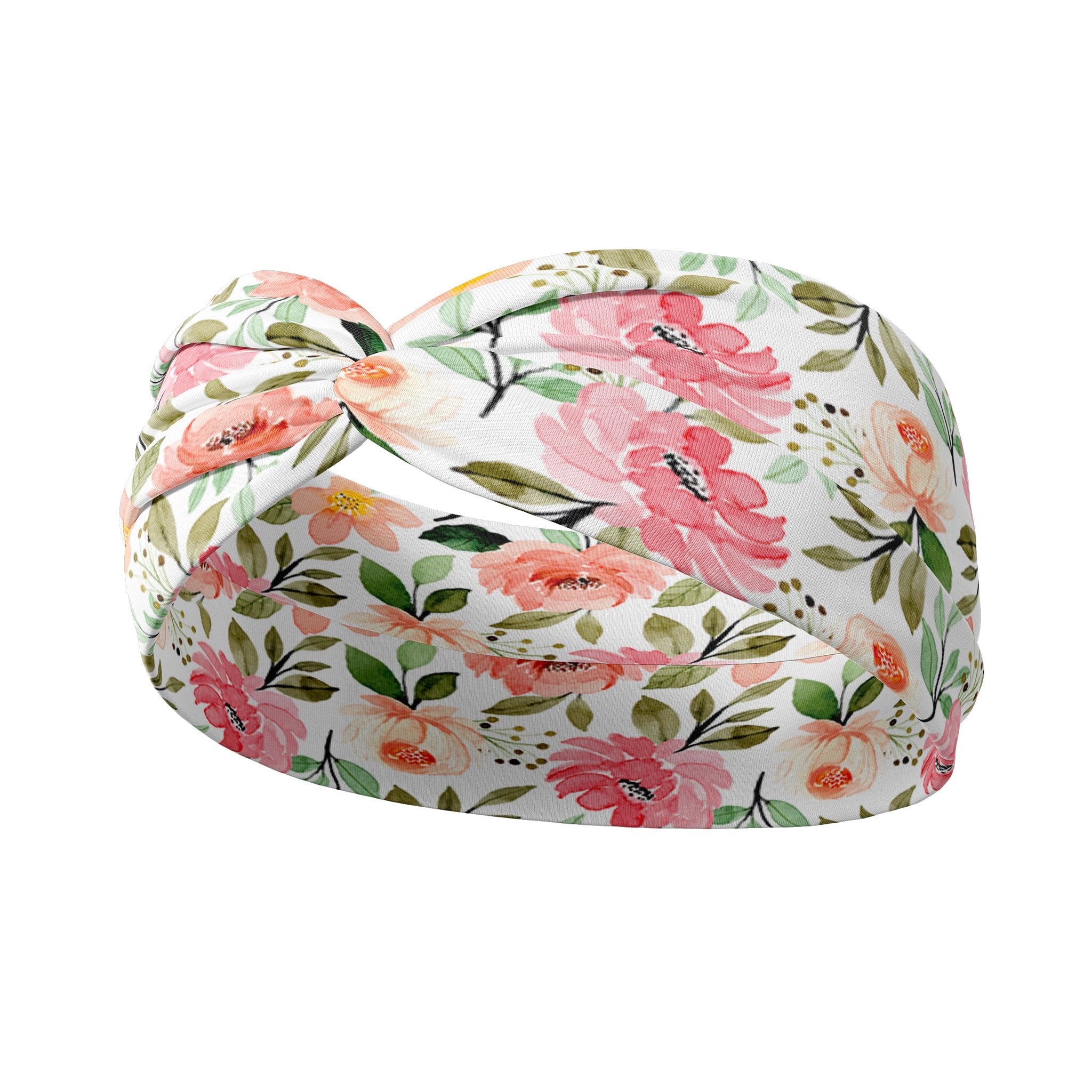 Adult women's ivory headband with soft pink, coral and green watercolor floral print