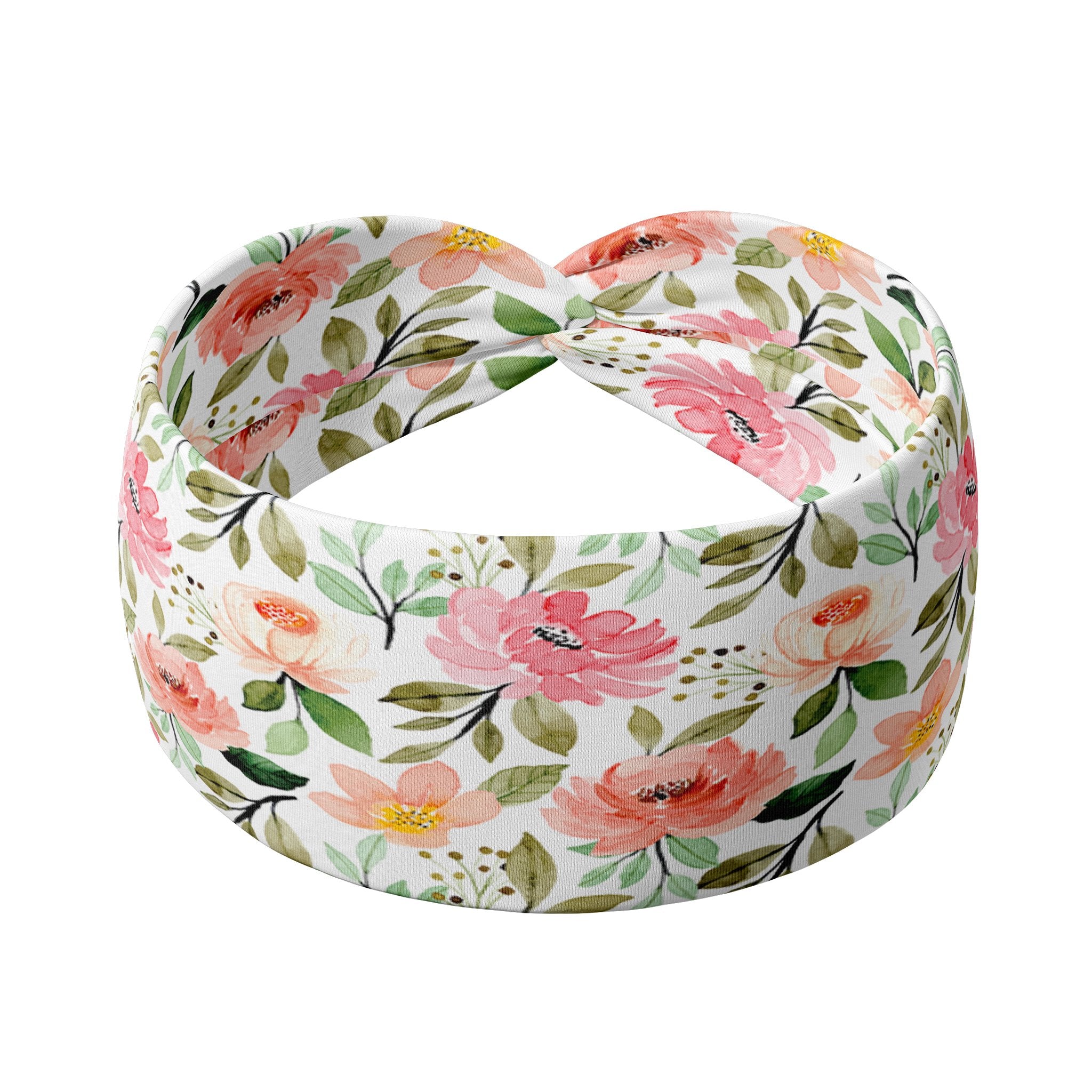 Adult women's ivory headband with soft pink, coral and green watercolor floral print