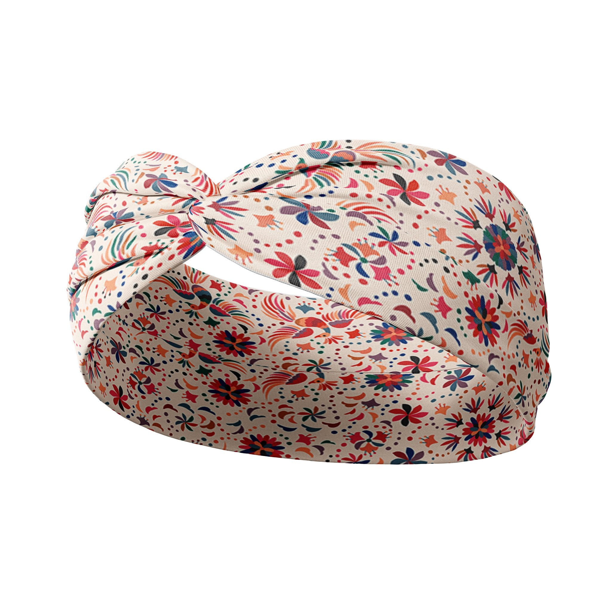 Adult women's ivory headband with pink, orange, blue, yellow and red small floral, sun and dot shapes