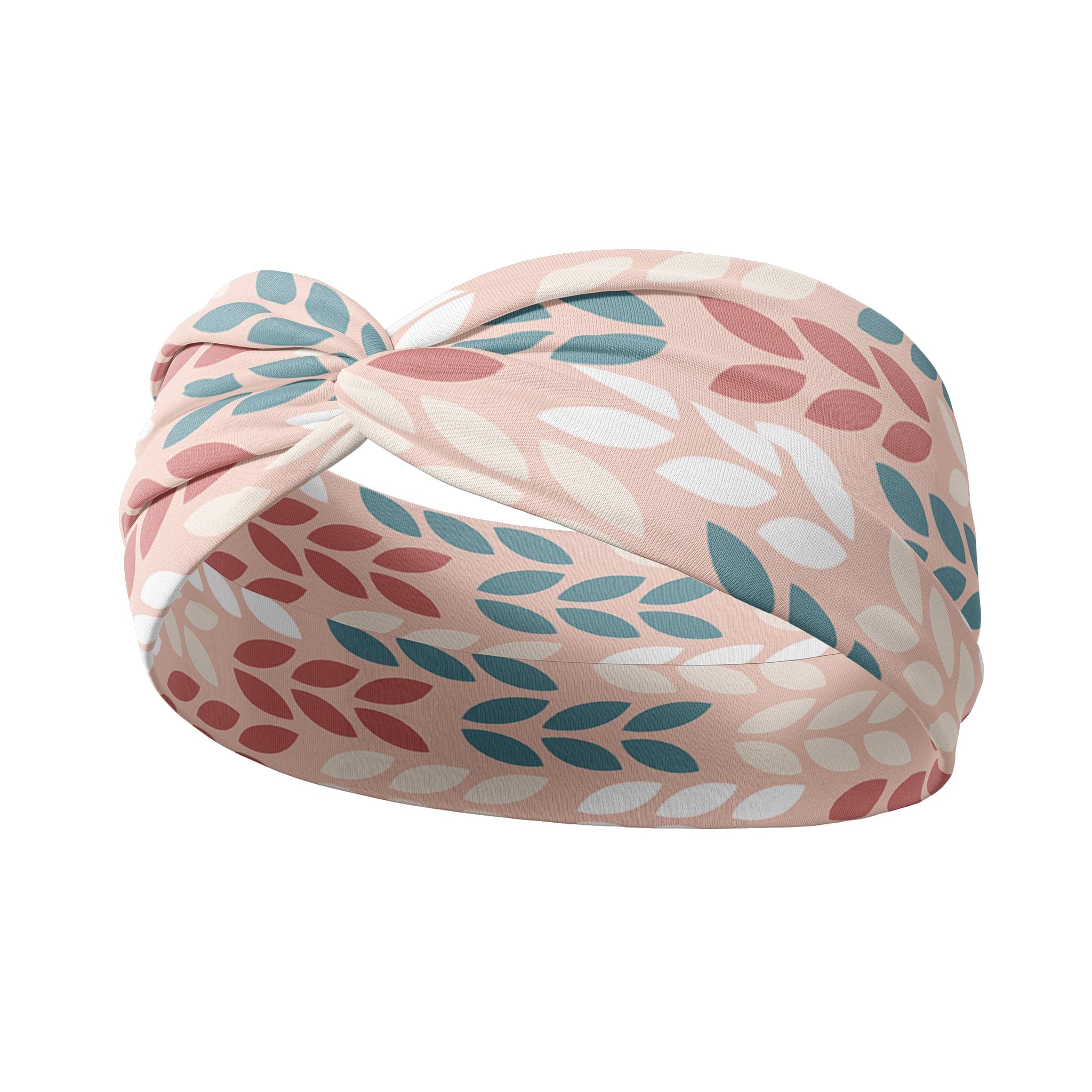 Adult women's peach headband with dark blue, dark peach and ivory leaf print