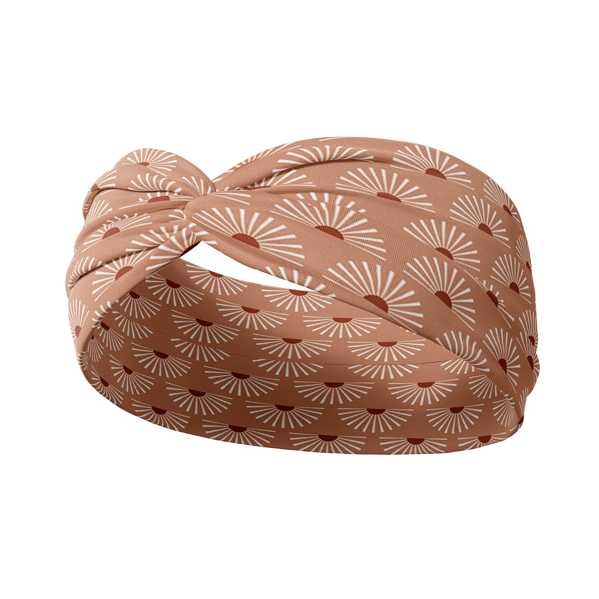Adult women's burnt orange headband with allover dark orange and white sunsets