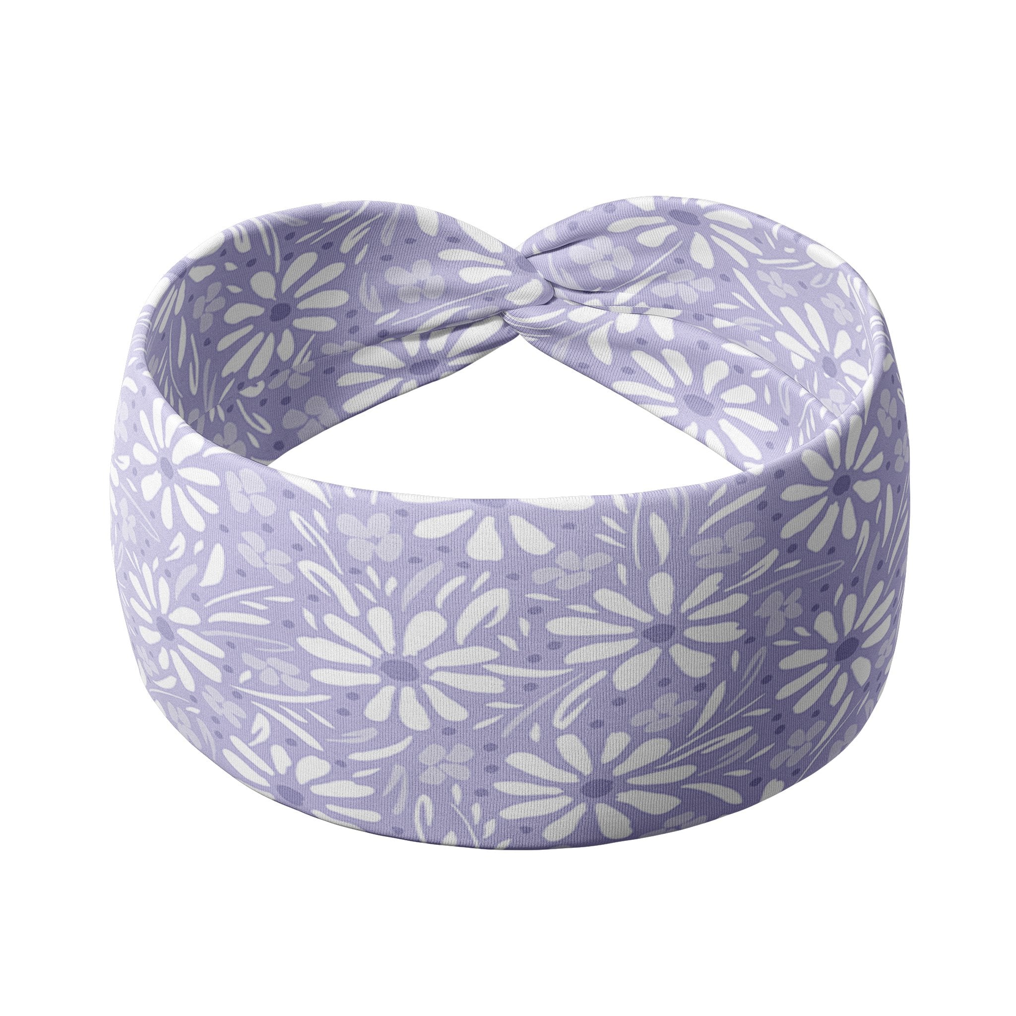 Adult women’s purple headband with medium white, dark and light purple floral allover pattern.