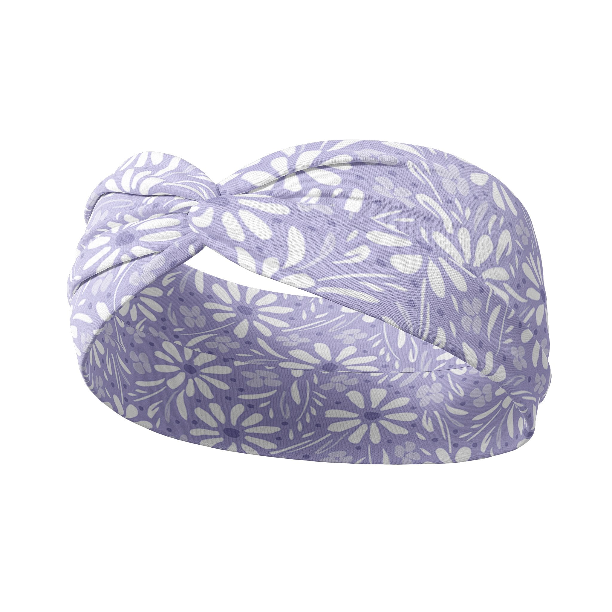 Adult women’s purple headband with medium white, dark and light purple floral allover pattern.