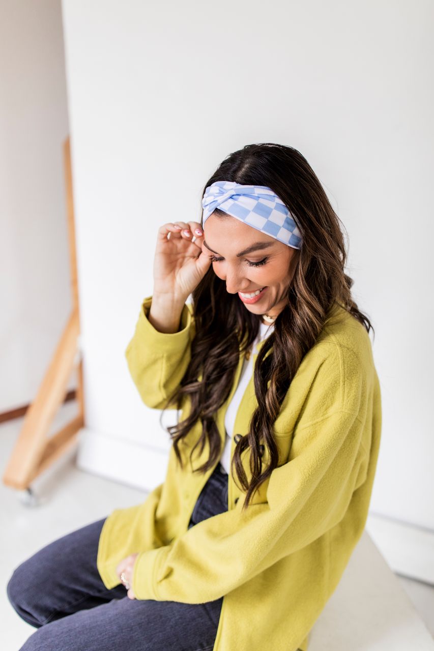 Adult women’s headband with white and blue checker print
