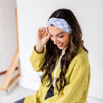 Adult women’s headband with white and blue checker print