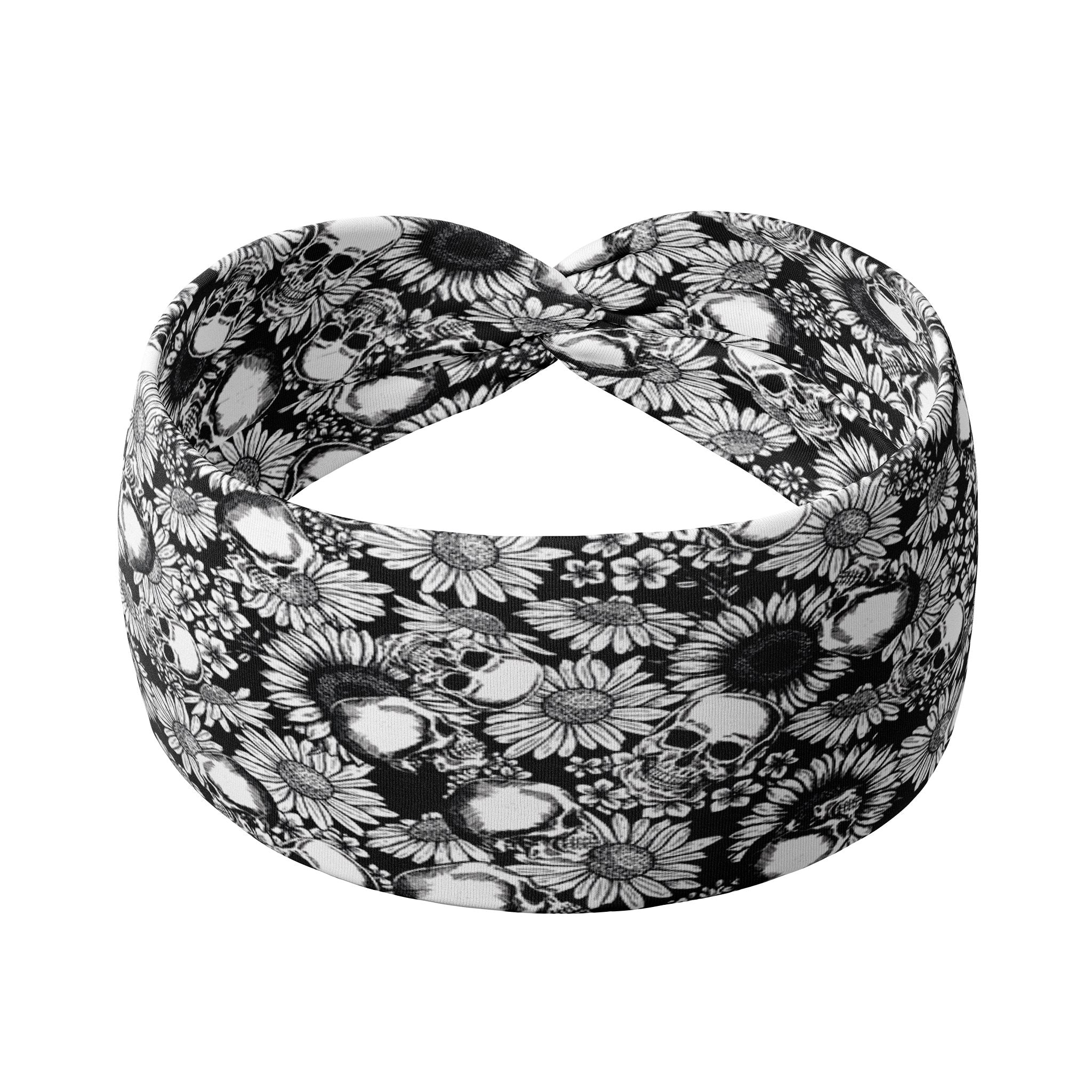Adult women's black headband with allover white skulls and daisies print