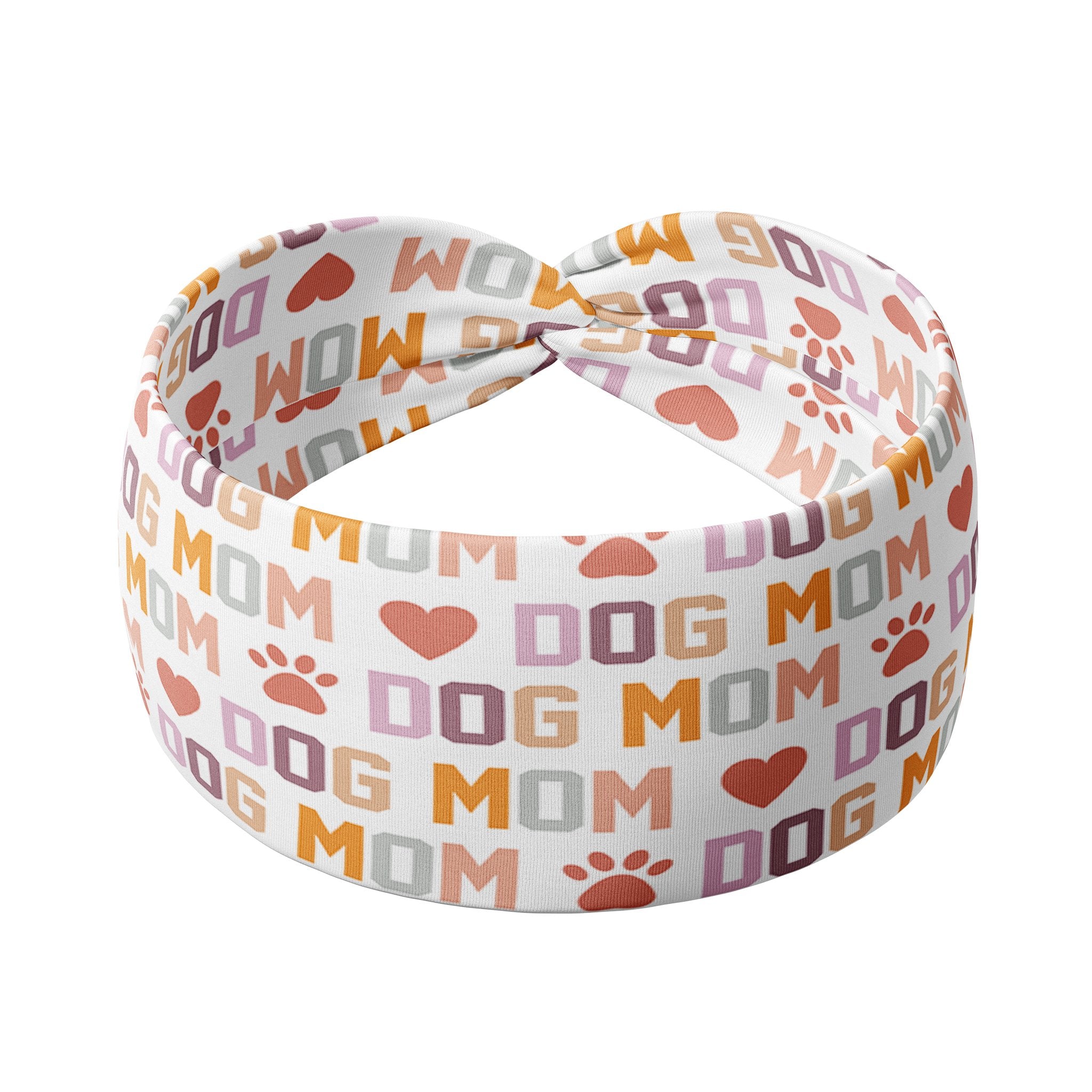 Adult women's white headband with orange, slate, tan, blush and plum pawprints, hearts and words they say "dog mom"