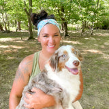 Adult women's aqua headband with drawn Scottish Terriers, Golden Retrievers, Corgis, Dalmations, Bulldogs, Dachsunsds, Weston Terrier and pink flowers allover