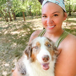 Adult women's aqua headband with drawn Scottish Terriers, Golden Retrievers, Corgis, Dalmations, Bulldogs, Dachsunsds, Weston Terrier and pink flowers allover