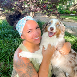 Adult women's aqua headband with drawn Scottish Terriers, Golden Retrievers, Corgis, Dalmations, Bulldogs, Dachsunsds, Weston Terrier and pink flowers allover