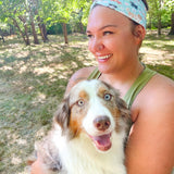 Adult women's aqua headband with drawn Scottish Terriers, Golden Retrievers, Corgis, Dalmations, Bulldogs, Dachsunsds, Weston Terrier and pink flowers allover