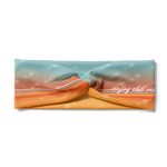Adult women's gradient headband with yellow, orange and blue with allover white shoe prints, three yellow, orange and white horizontal lines and the white script saying "enjoy the miles"