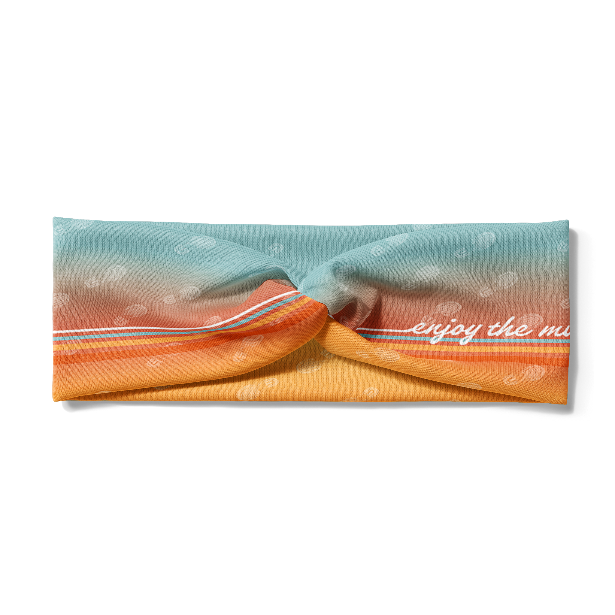 Adult women's gradient headband with yellow, orange and blue with allover white shoe prints, three yellow, orange and white horizontal lines and the white script saying "enjoy the miles"