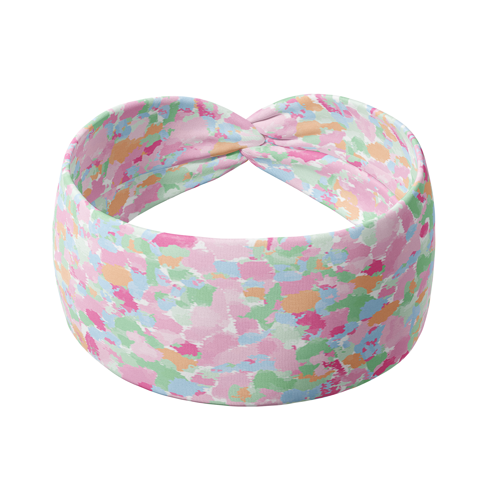 Adult women's headband with pastel pink, orange, blue, green, and magenta allover watercolor brush stroke design