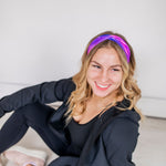 Adult women's deep purple and purple tie dye headband with starry white dots