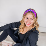 Adult women's deep purple and purple tie dye headband with starry white dots