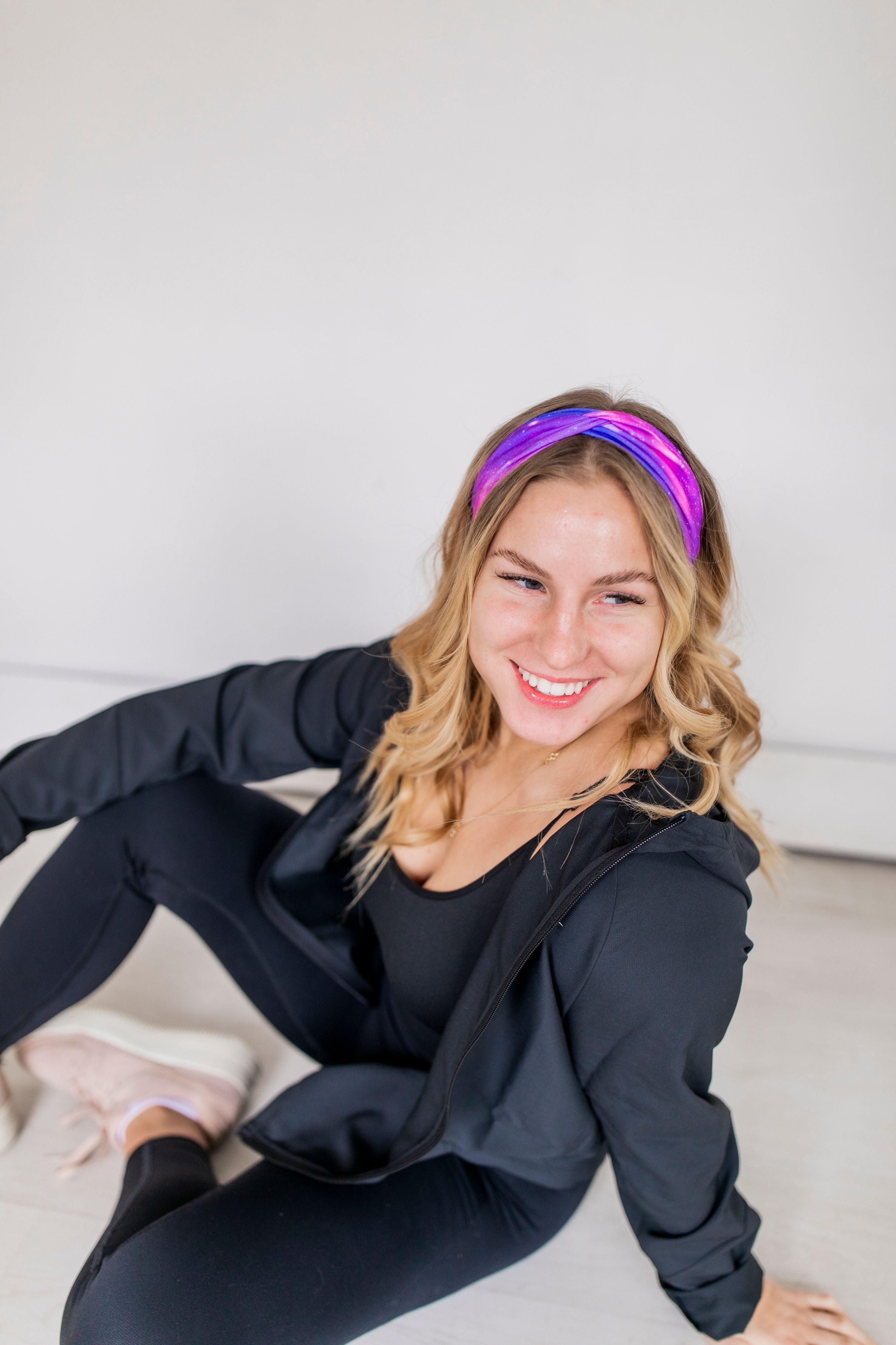 Adult women's deep purple and purple tie dye headband with starry white dots
