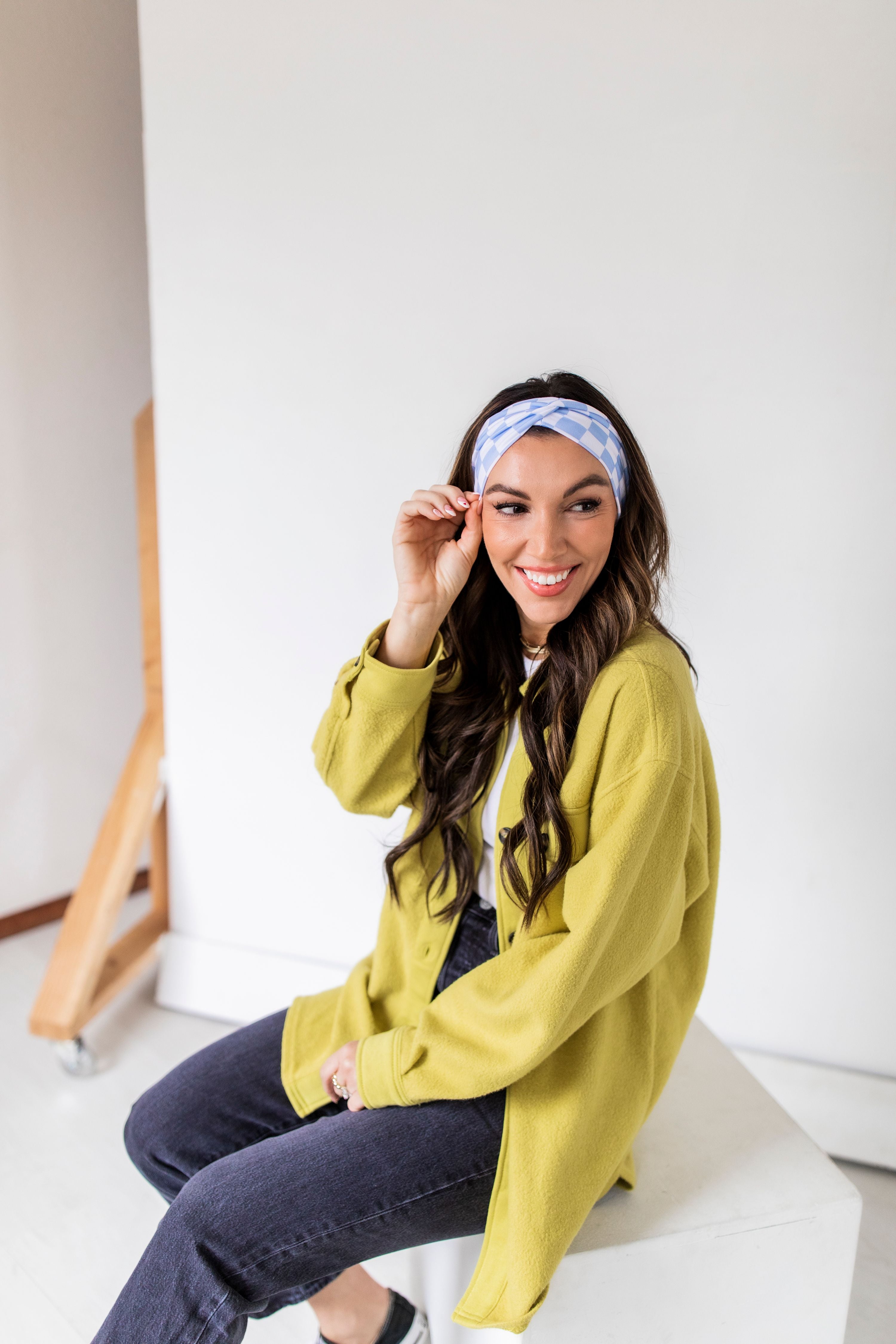 Adult women’s headband with white and blue checker print