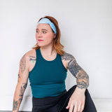 Adult women's light blue headband with blue leaves