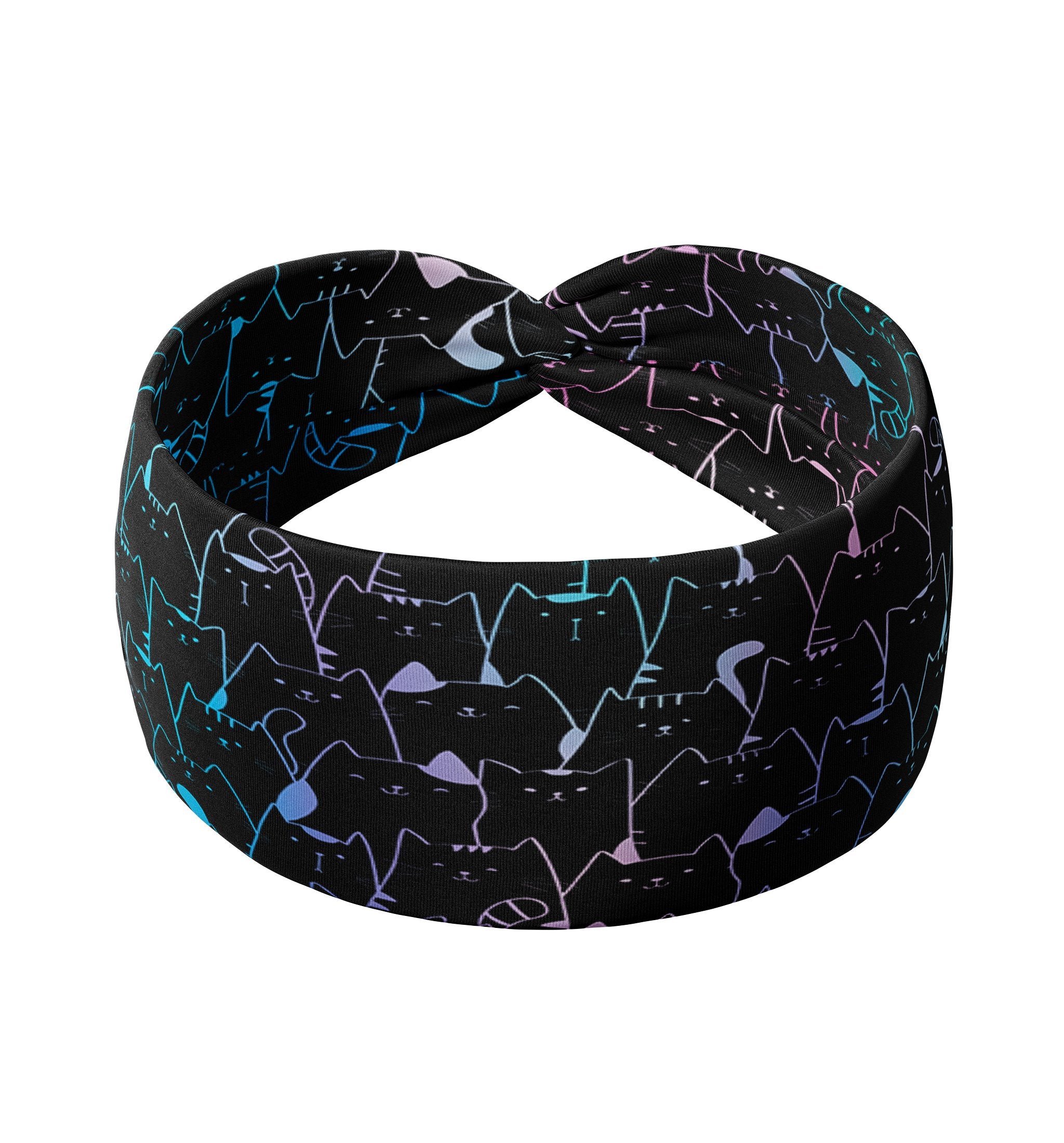 Adult women's black headband with gradient rainbow outline of cartoon cats