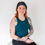 Adult women's onyx headband with off-black lines tribal lines and angles