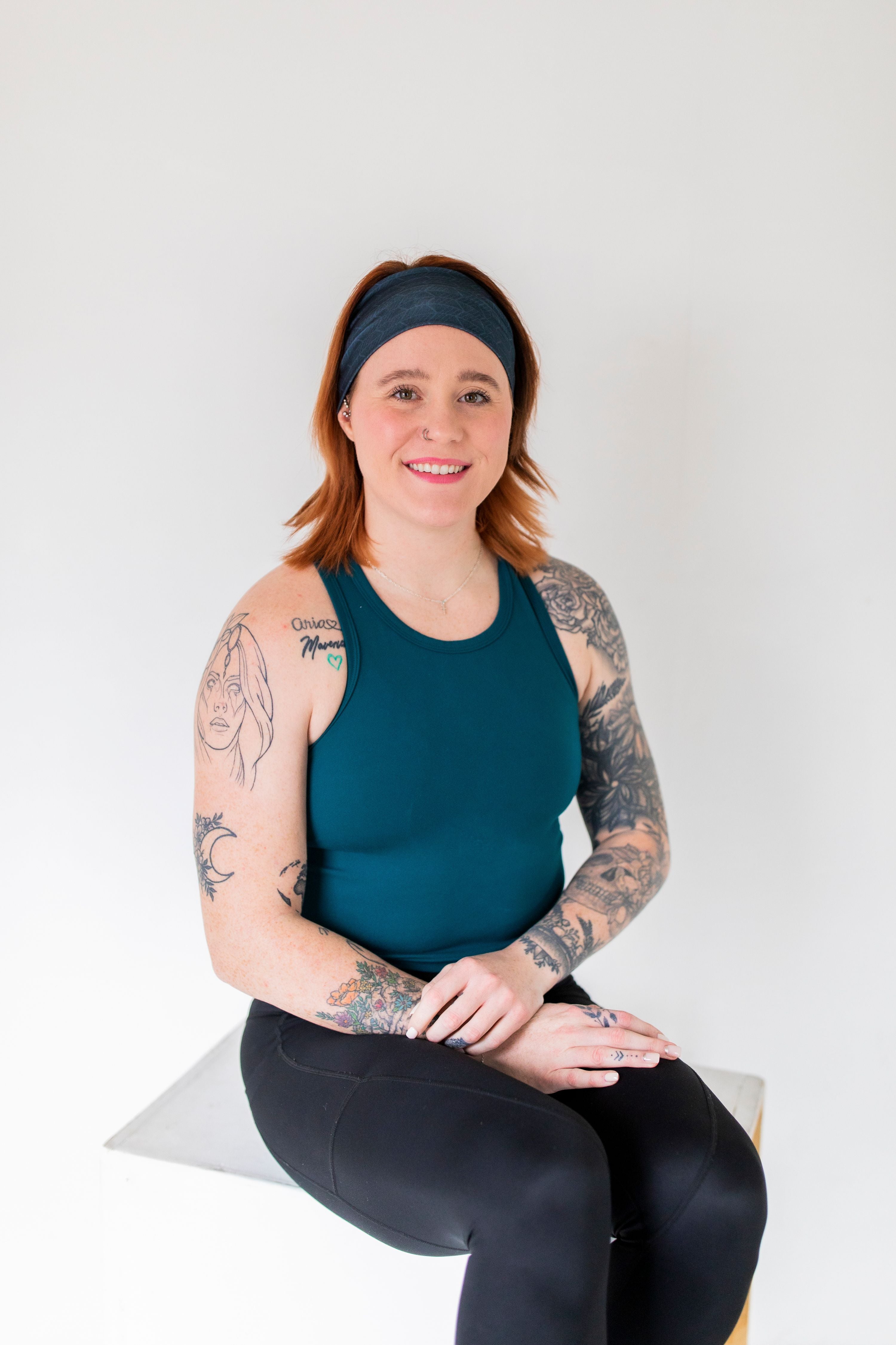 Adult women's onyx headband with off-black lines tribal lines and angles