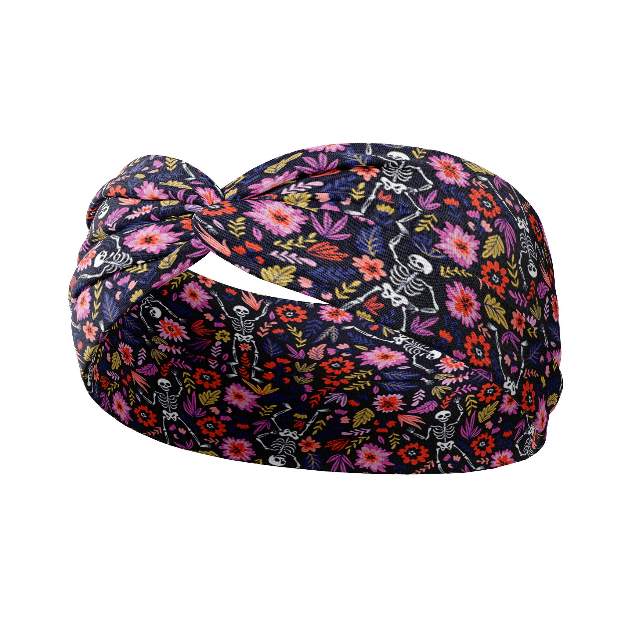 Adult women's black headband with white dancing skeletons and pink, green, red and purple flowers and leaves
