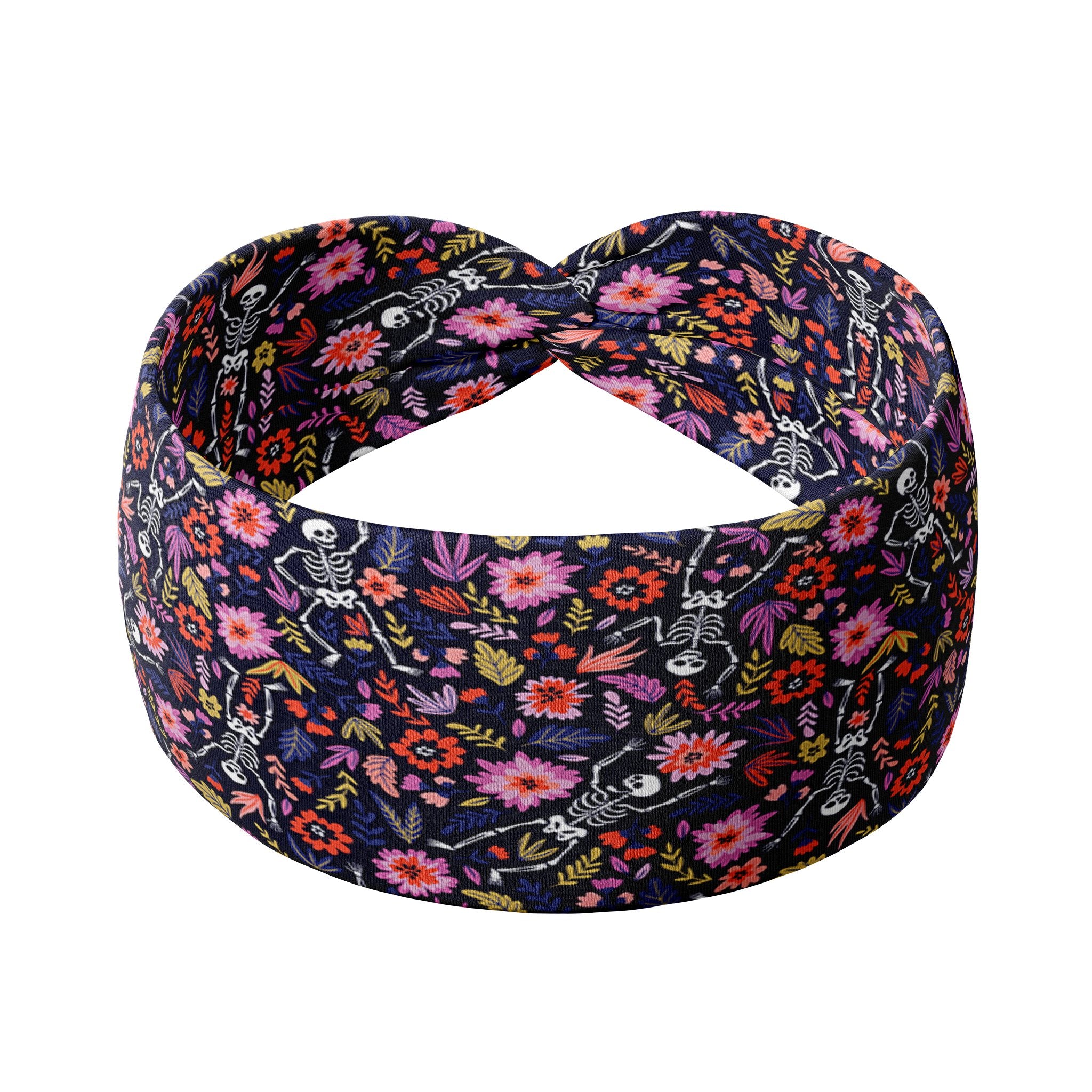 Adult women's black headband with white dancing skeletons and pink, green, red and purple flowers and leaves