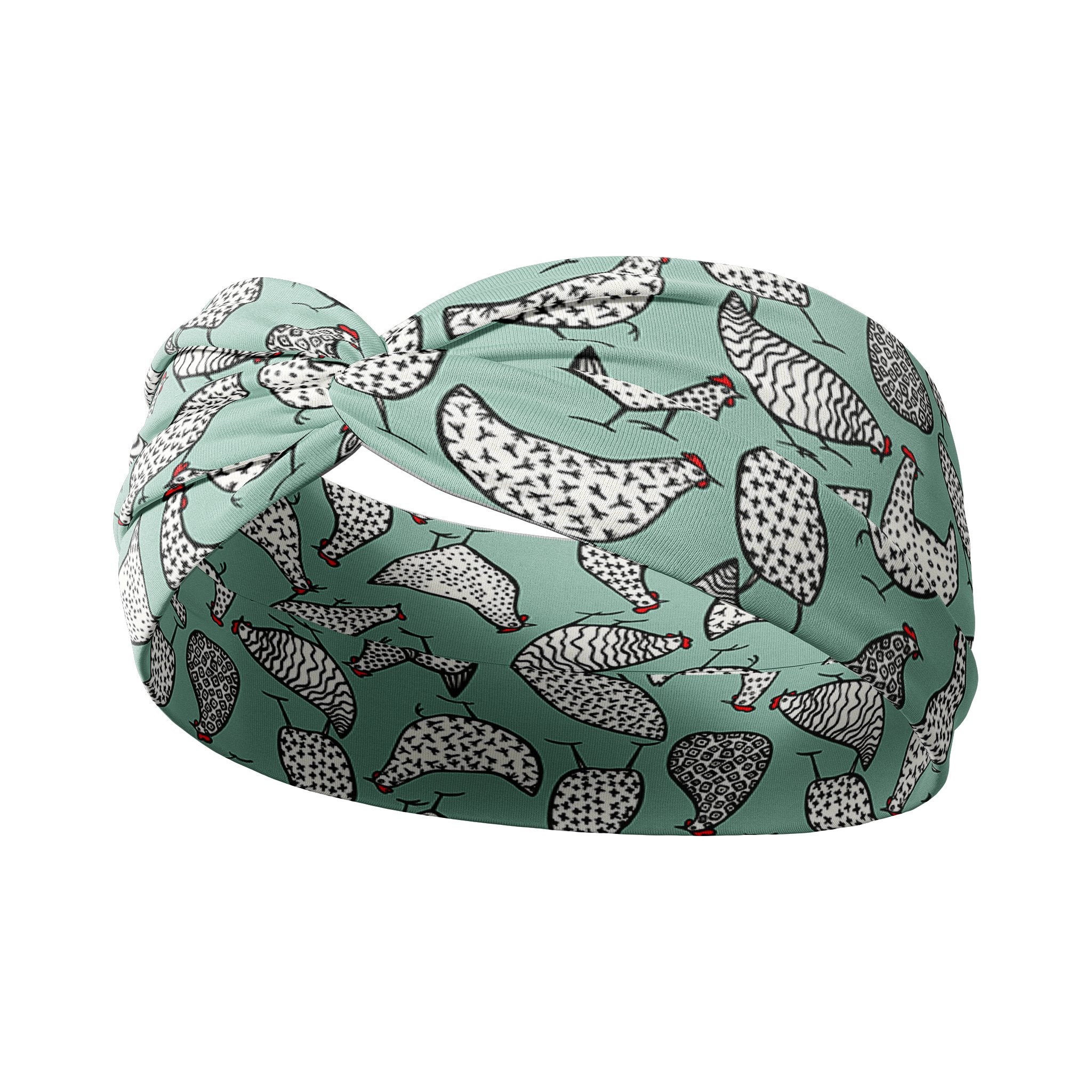 Adult women's light teal headband with allover black and white cartoon chicken print