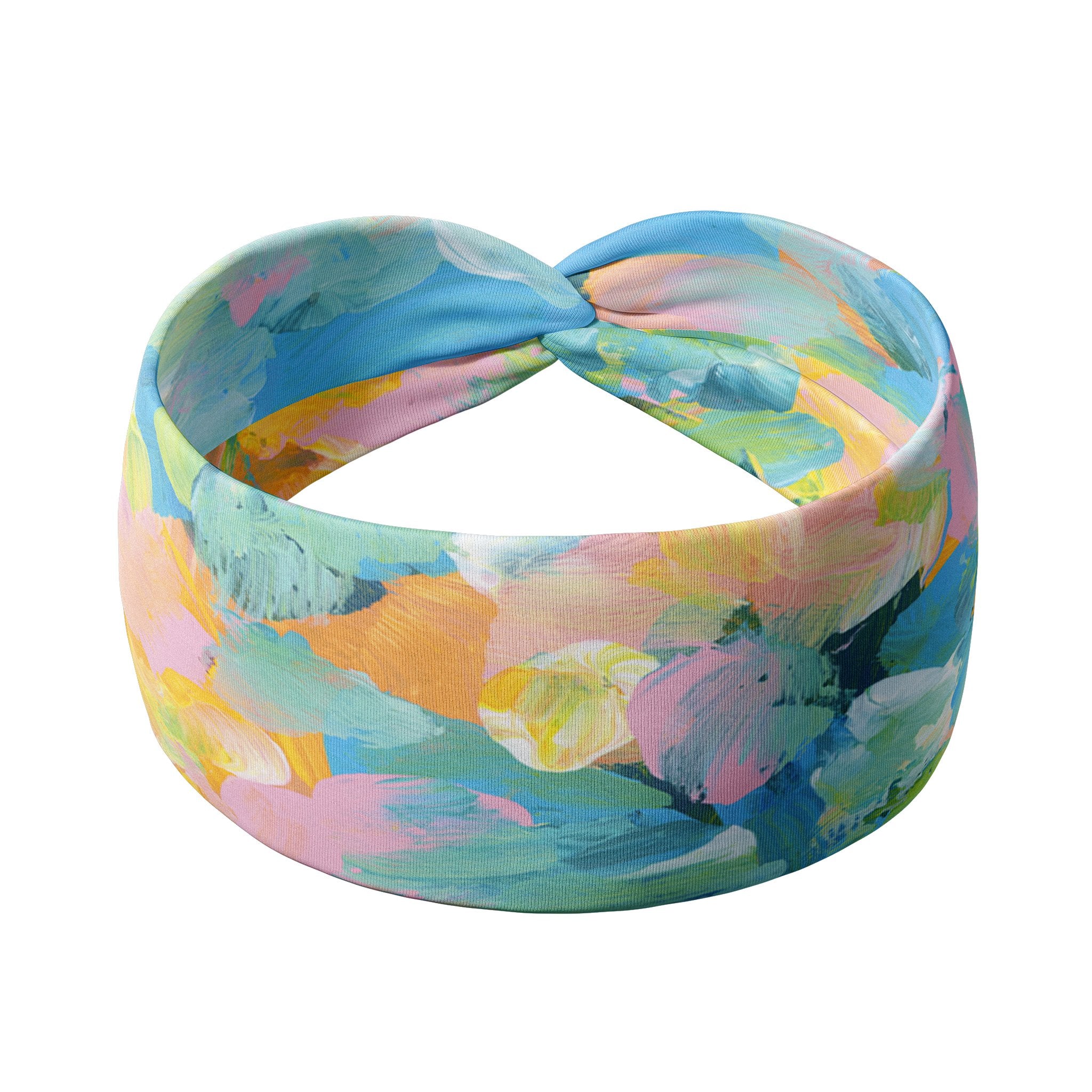 Adult women’s headband with allover layered watercolor paint brushstroke print in varying oranges, pinks, yellows, blues, greens and whites.