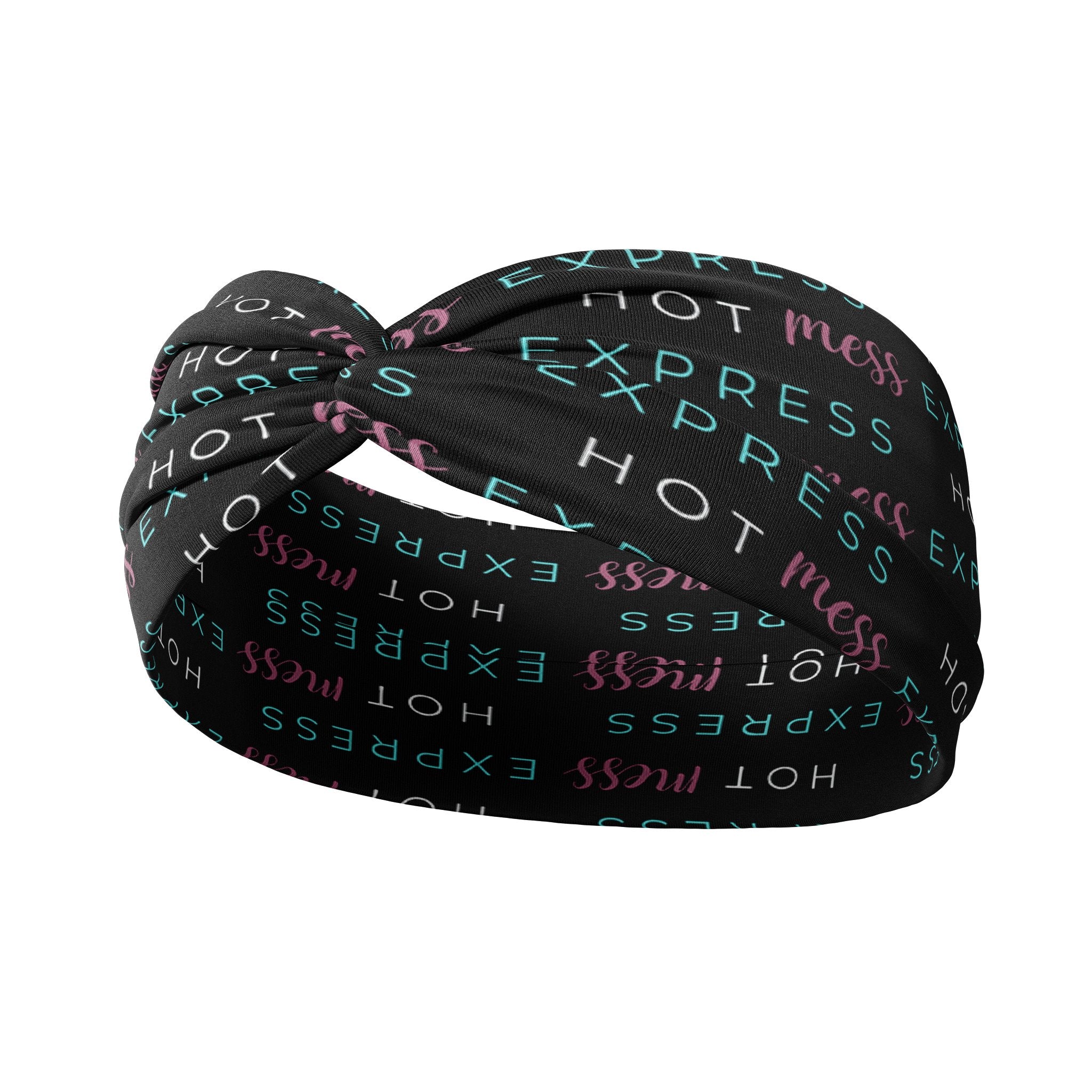 Adult women's black headband with "Hot Mess Express" colorful script