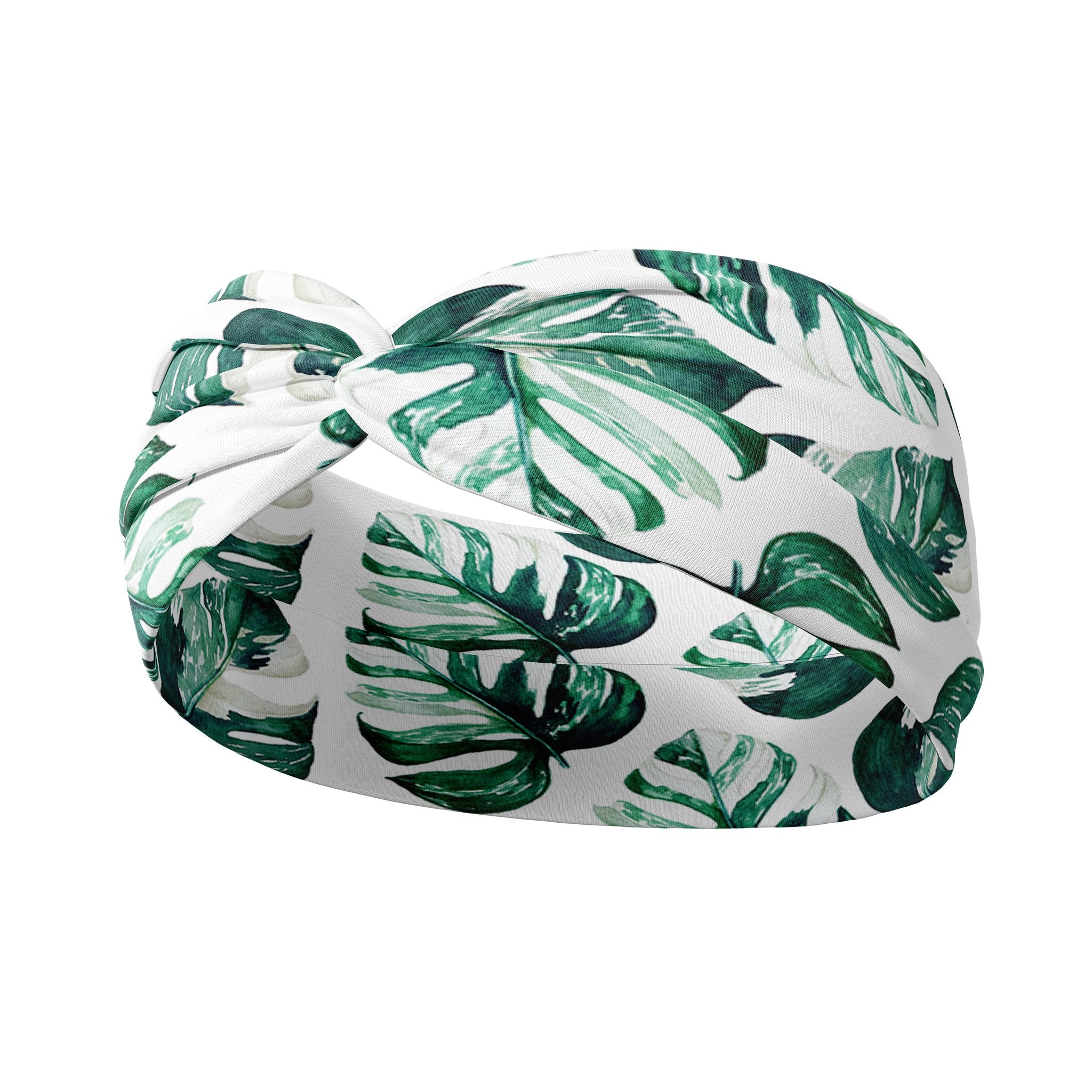 Adult women's white headband with large green leaf houseplant print