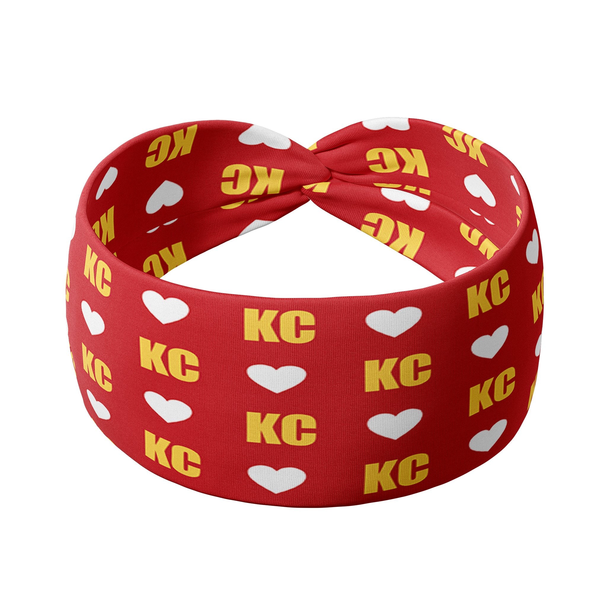 Adult women's red headband with white hearts and bright yellow "KC" pattern