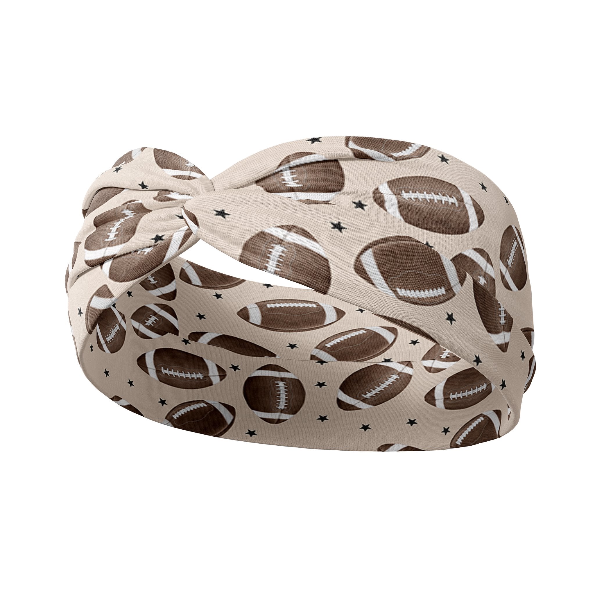 Adult women's tan headband with allover brown footballs and tiny black stars