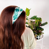 Adult women's white headband with large green leaf houseplant print