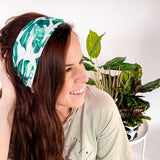 Adult women's white headband with large green leaf houseplant print